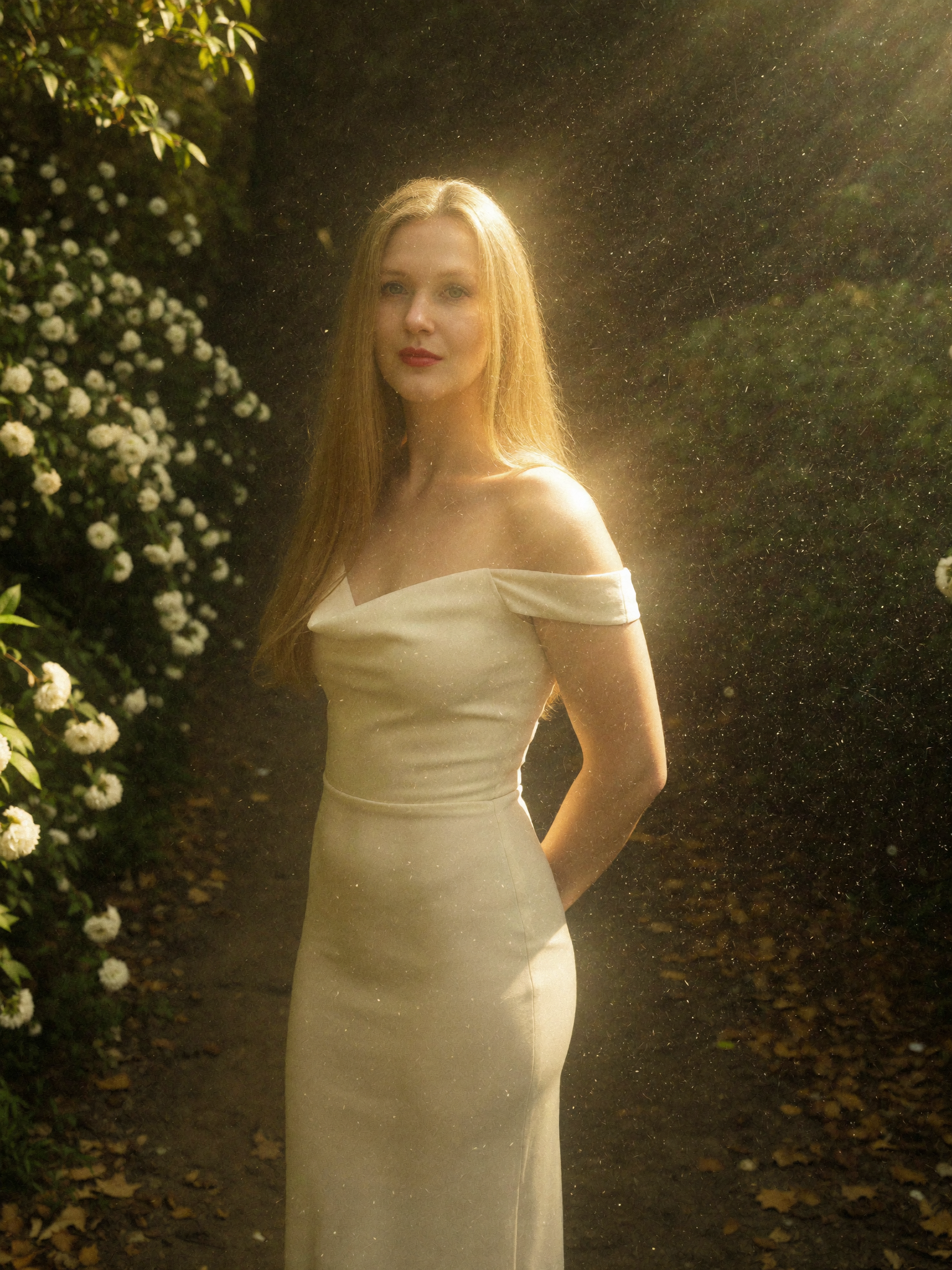 Portrait of Laura in a cream dress in warm, soft light